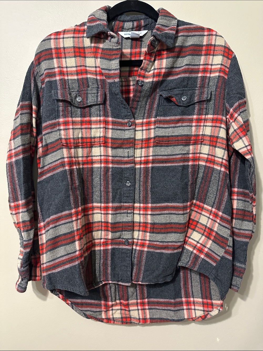 Old Navy Red, Gray & Cream Plaid Button-Down The Boyfriend Shirt